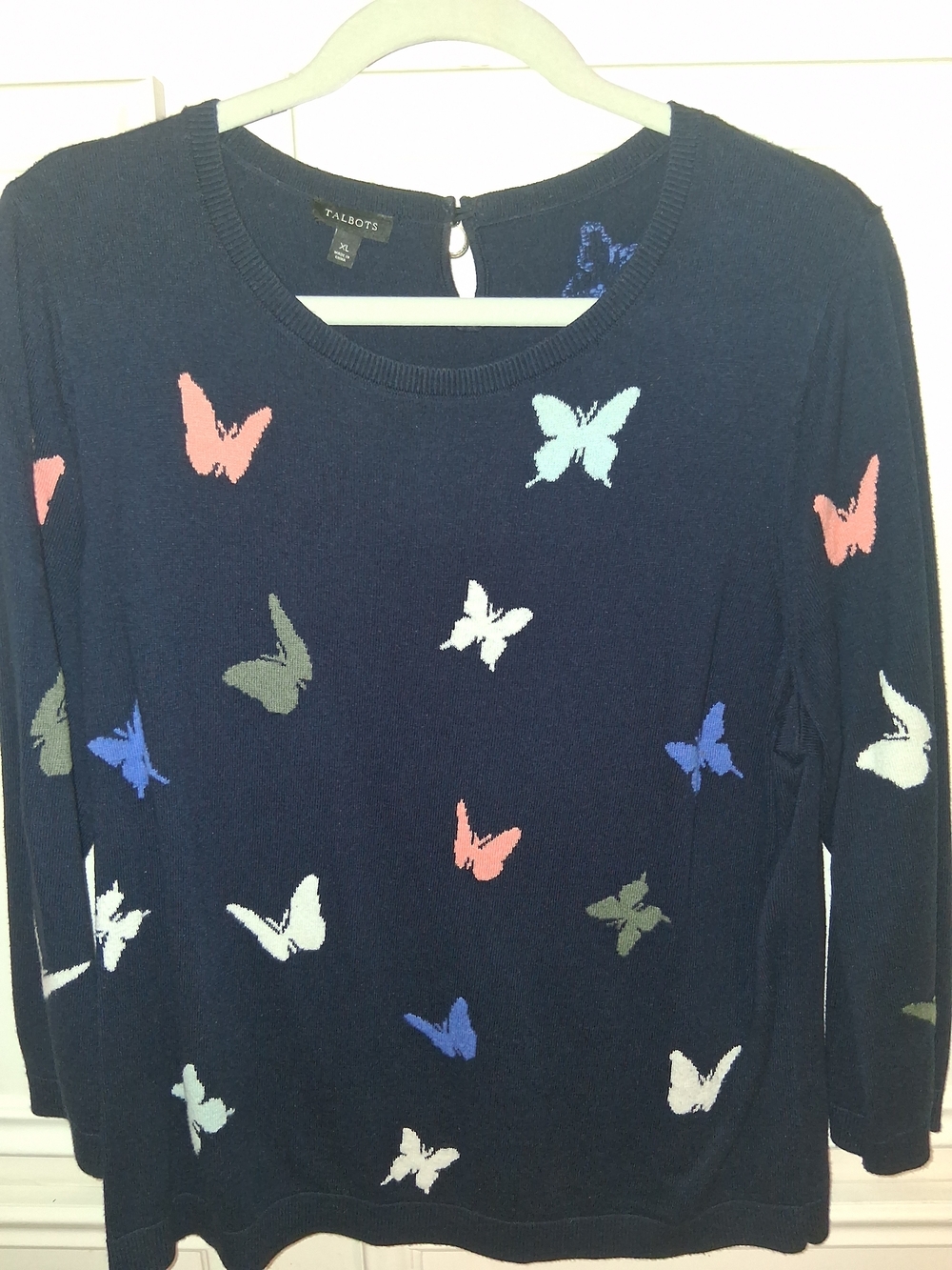 Talbots Navy Crewneck Sweater with Multicolor Butterfly Motif